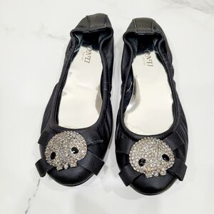 Brand New Japan Black Rhinestone Skull Lamb Skin Shoes Flats US 5.5